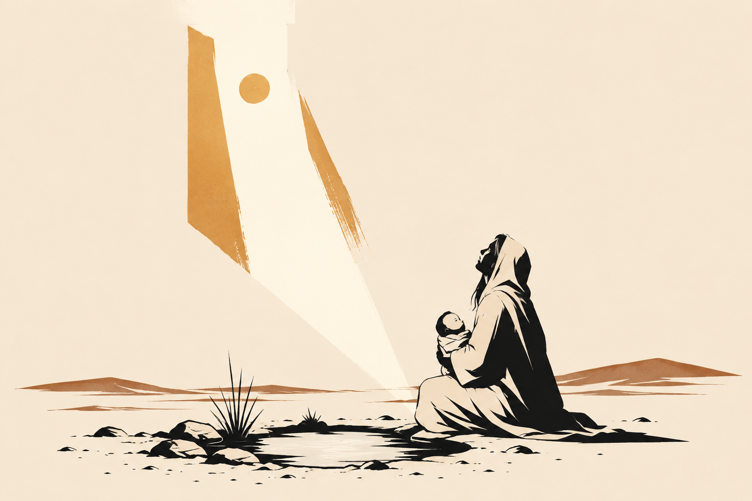 An illustration of Hagar holding her child in the wilderness, looking toward a shaft of light
